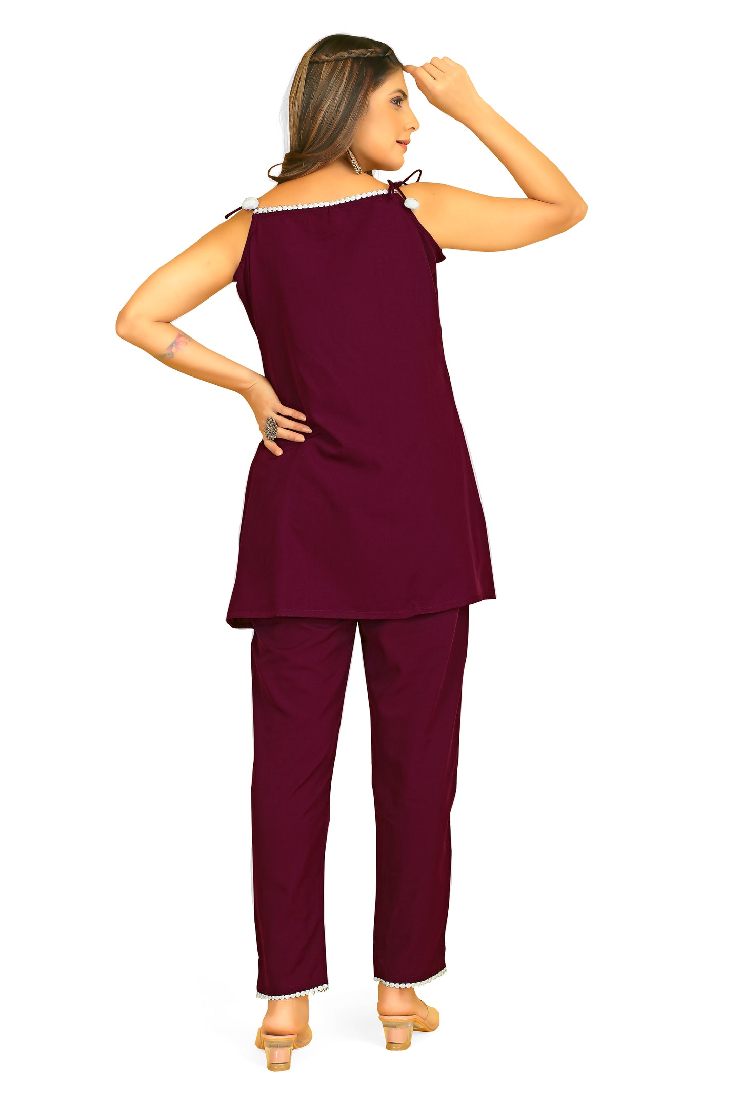 wine colored crepe pom pom Loungewear