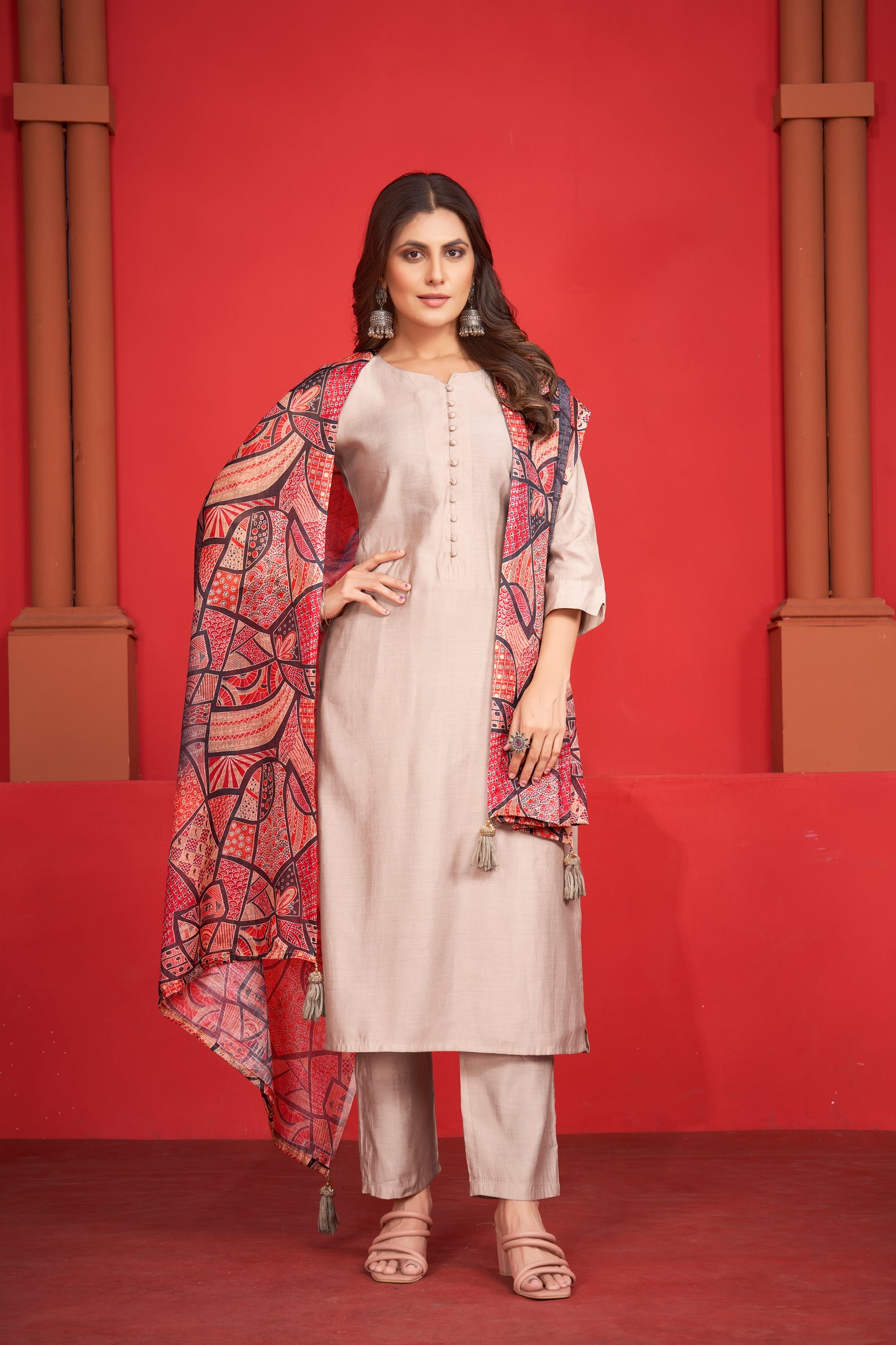 Art Silk Beige Kurta with Trousers & Digitally Printed Linen Dupatta