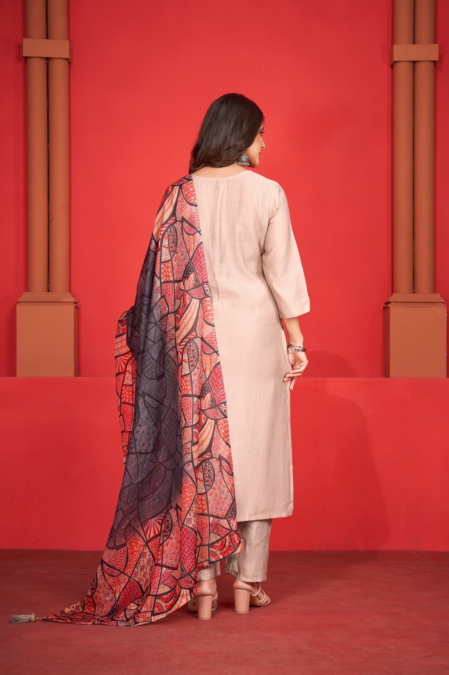 Art Silk Beige Kurta with Trousers & Digitally Printed Linen Dupatta