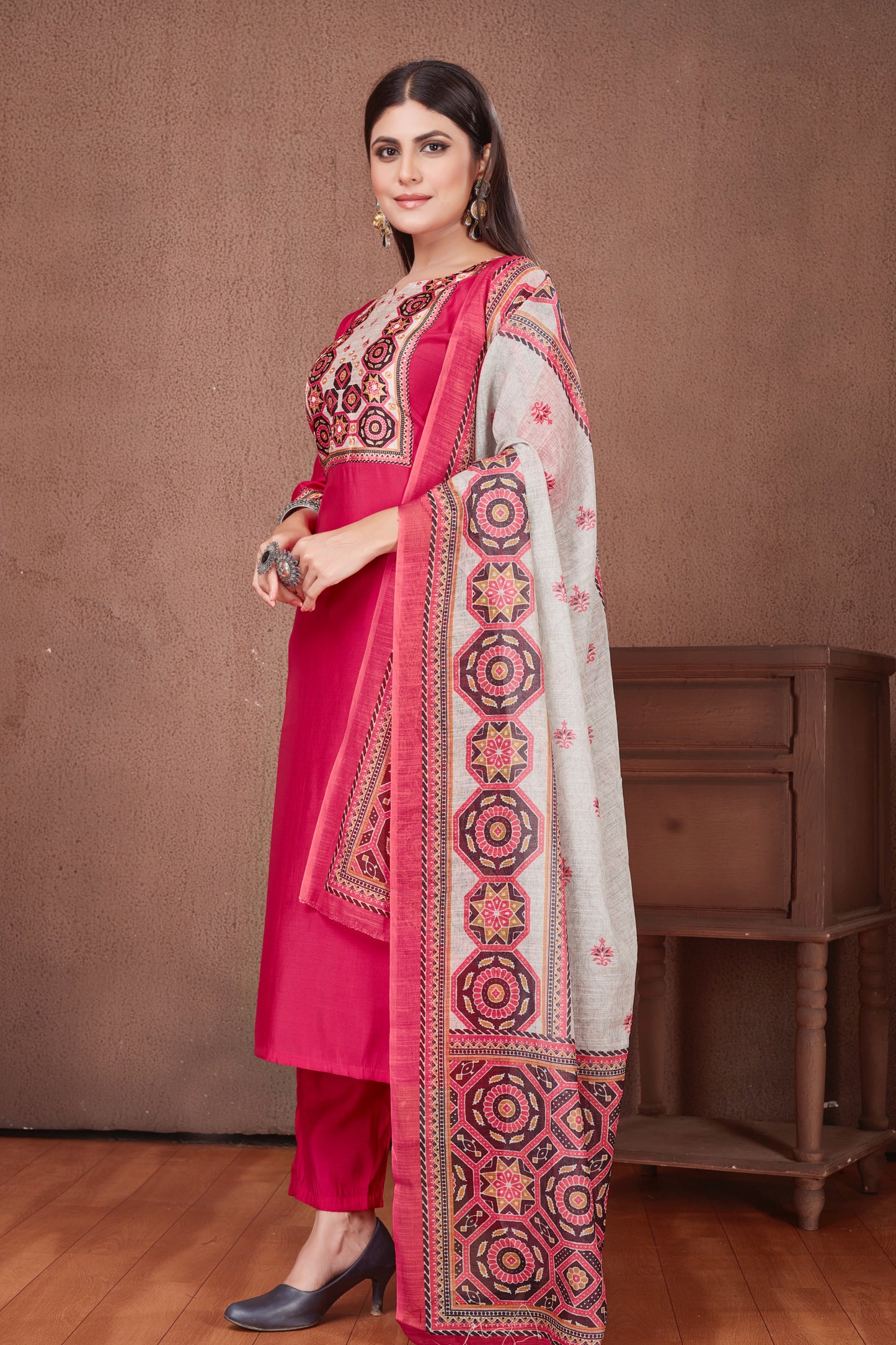 Ajrakh Yoke fusia pink Modal Viscose Kurta Pant & Dupatta Set