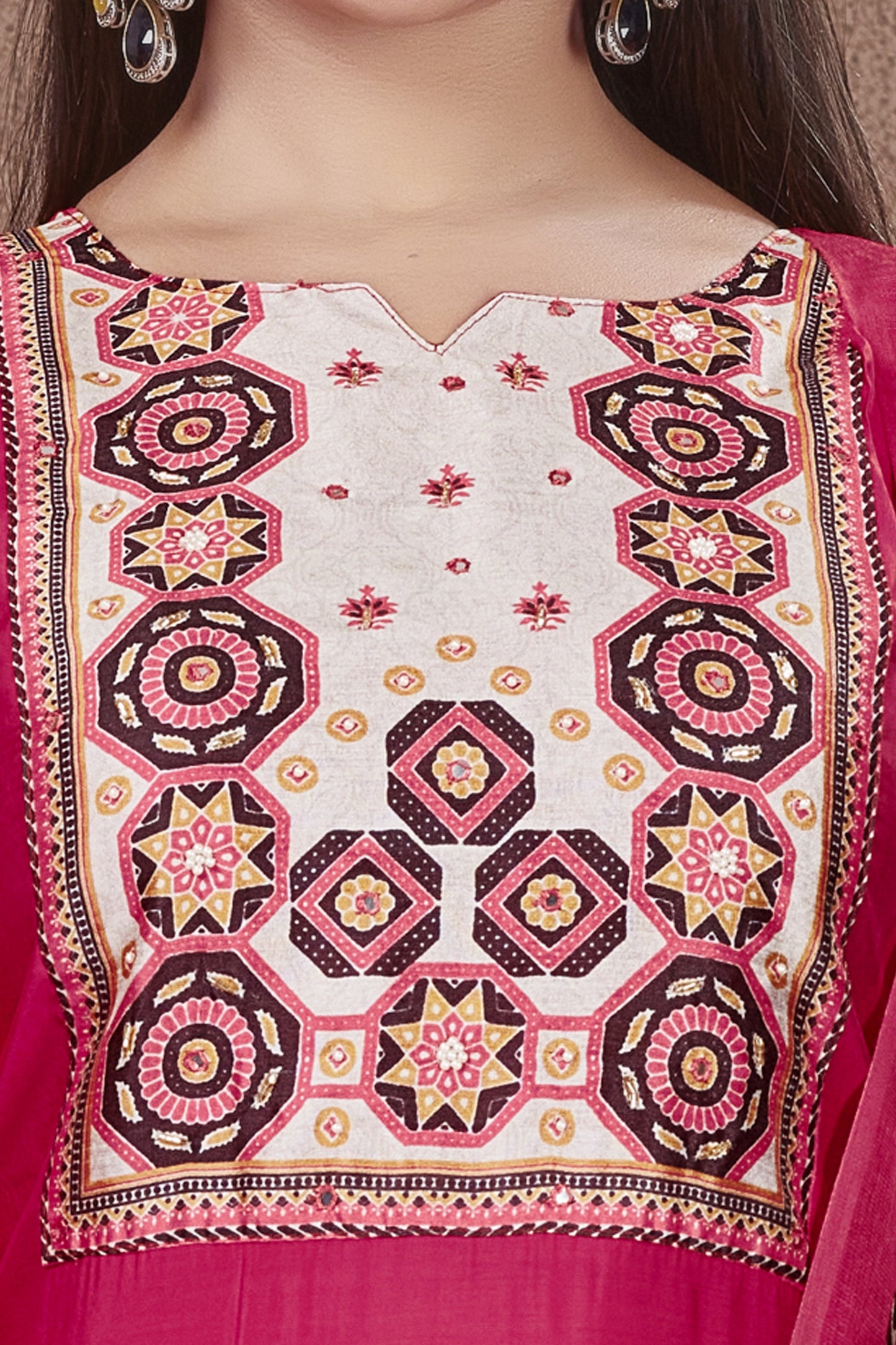 Ajrakh Yoke fusia pink Modal Viscose Kurta Pant & Dupatta Set