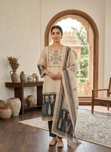 MINGORA BEIGE LINEN KURTA SET WITH DUPATTA