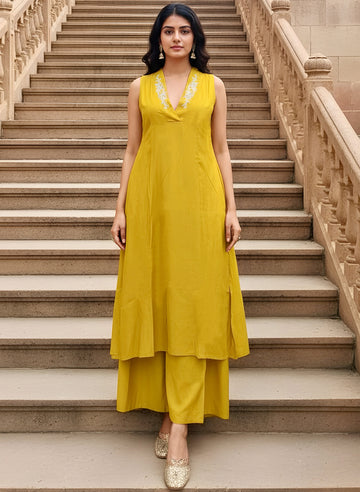 Tangy yellow embroidered A-line sleeveless CO-ORD SET