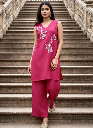 Fusia pink embroidered  sleeveless CO-ORD SET