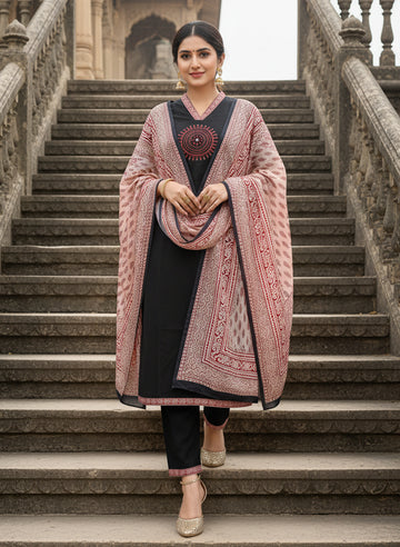 Ajrakh-Art Silk V-neck Kurta Pant Set