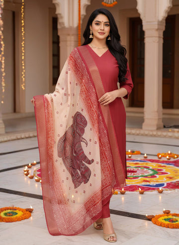 Utsav – Pure viscose Silk Kurta Pant Set with jacquard Chanderi Dupatta