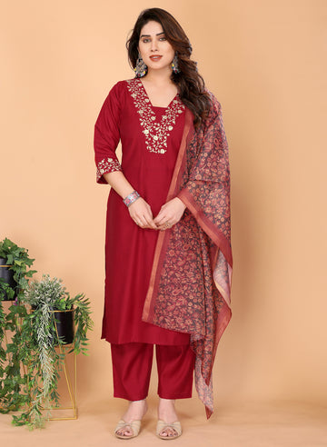 Glory-Pure Viscose Silk Embroidered Kurta Pant Dupatta Set