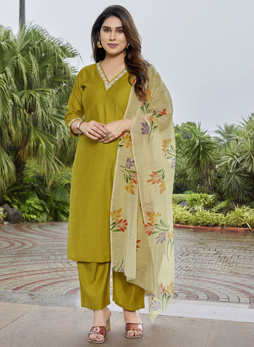 Fia-Viscose Silk Kurta Pant With Linen Brush Print Dupatta