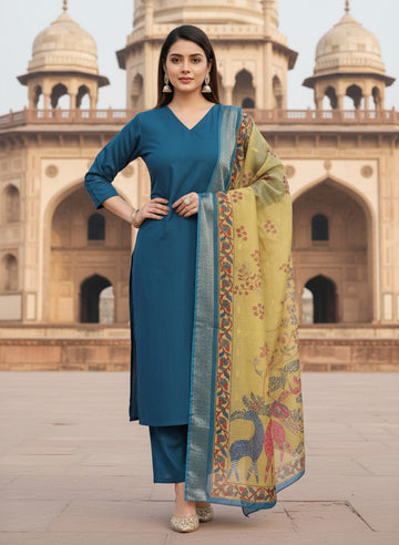 Utsav – Pure viscose Silk Kurta Pant Set with jacquard Chanderi Dupatta