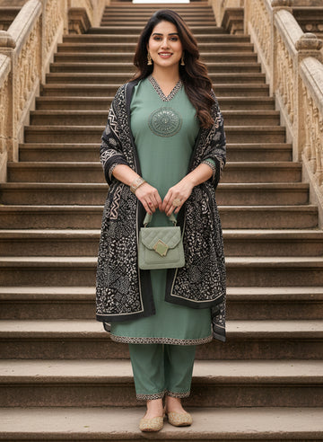 Ajrakh-Art Silk V-neck Kurta Pant Set.