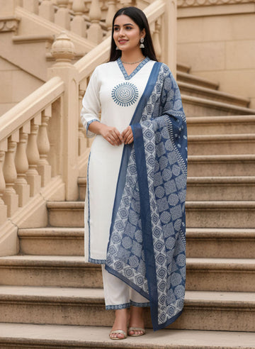 Ajrakh-Art Silk V-neck Kurta Pant Set