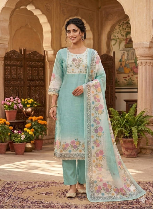MINGORA BLUE LINEN KURTA SET WITH DUPATTA