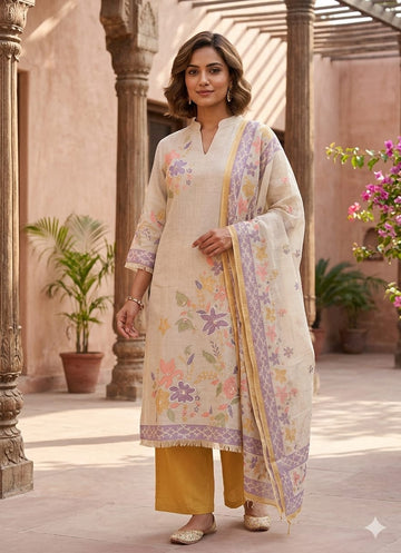 MINGORA YELLOW LINEN KURTA SET WITH DUPATTA