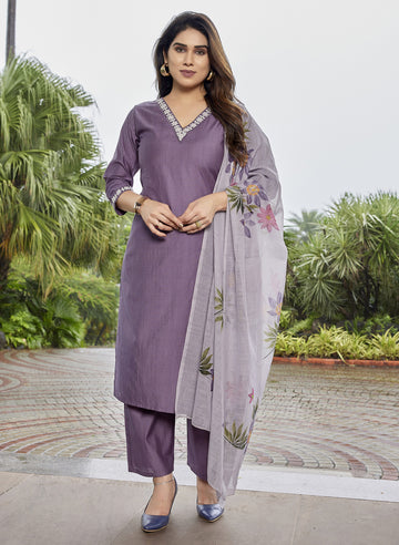 Fia-Viscose Silk Kurta Pant With Linen Brush Print Dupatta