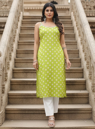 Shoulder Streps Embroidered Mehndi Kurta Pant Set