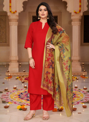 Utsav – Pure viscose Silk Kurta Pant Set with jacquard Chanderi Dupatta