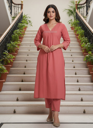 PURE COTTON A-LINE EMBROIDERED KURTA PANT SET