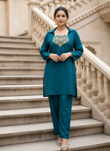 TEAL GREEN EMBROIDERED CO-ORD SET