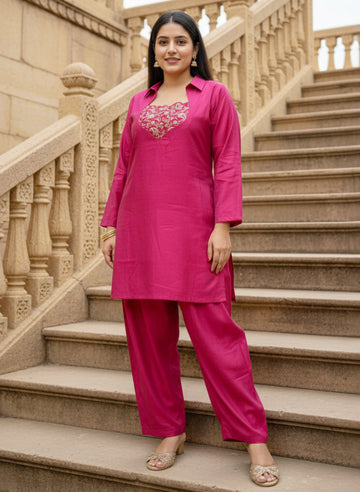 FUSIA PINK EMBROIDERED CO-ORD SET