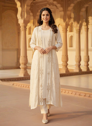 Niva-pure mal chanderi embroidered shrug with inner top and pant (Copy)