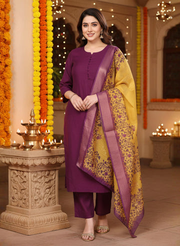 Utsav – Pure viscose Silk Kurta Pant Set with jacquard Chanderi Dupatta