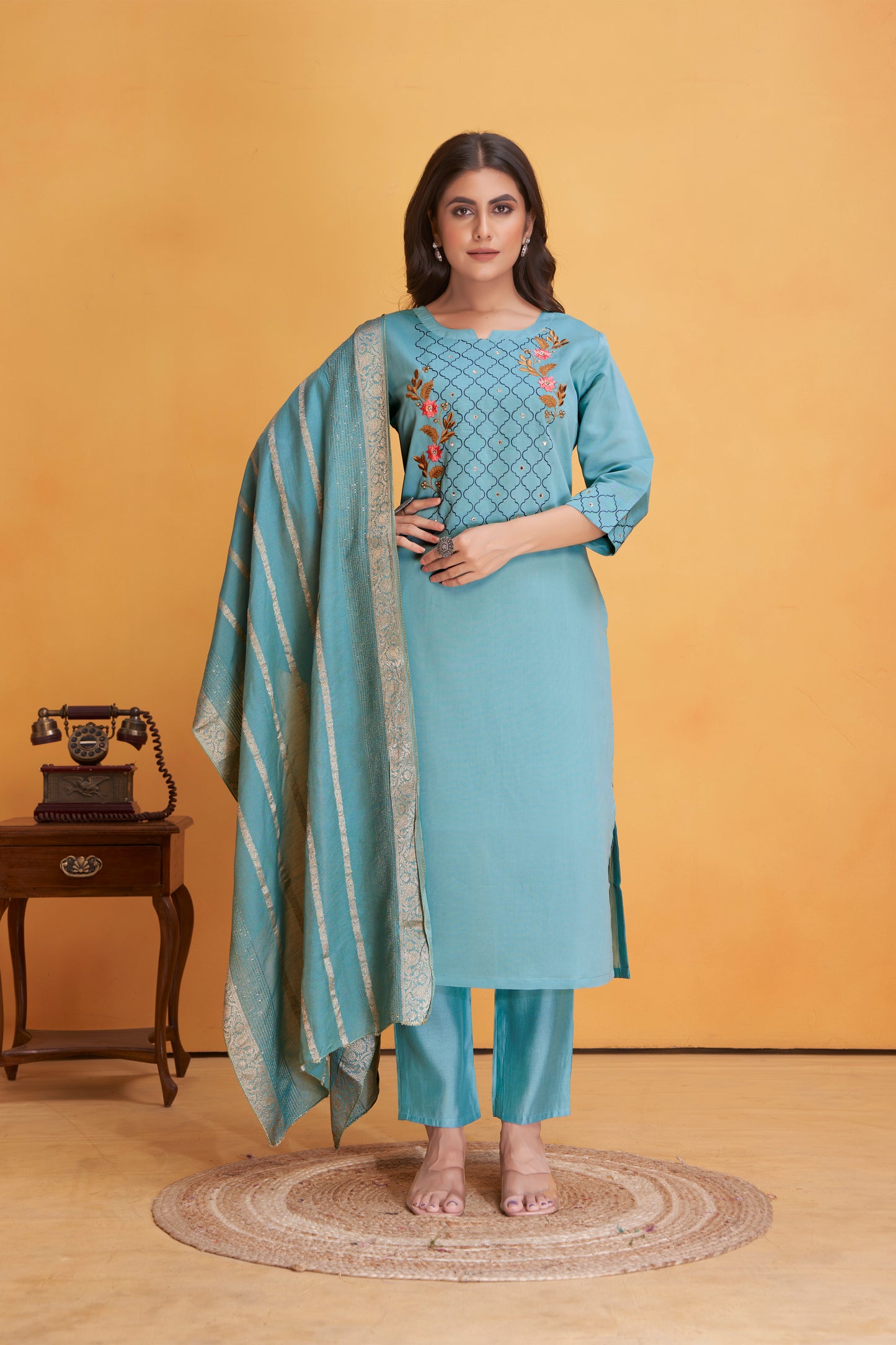 Modal Viscose Embroidered Kurta Pant & Dupatta Set