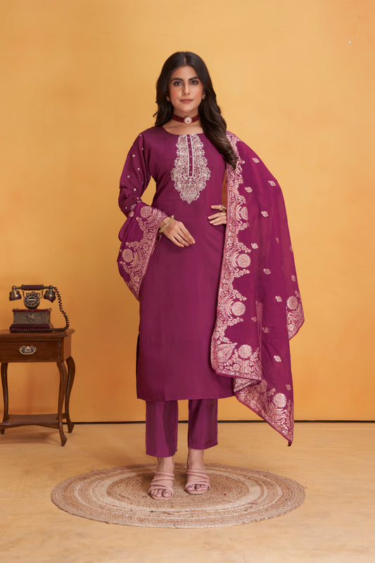 Modal Viscose Embroidered Kurta Pant & Dupatta Set