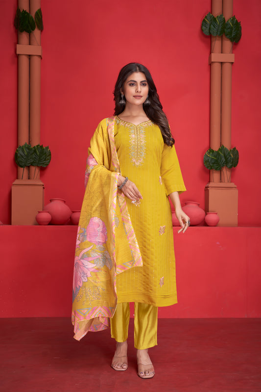 Modal Viscose Embroidered Kurta Pant & Dupatta Set