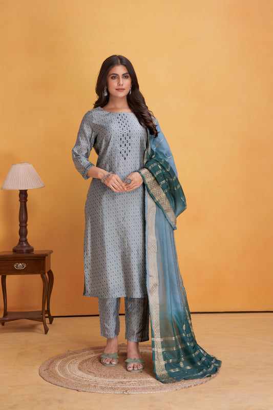 Modal Viscose Embroidered Kurta Pant & Dupatta Set