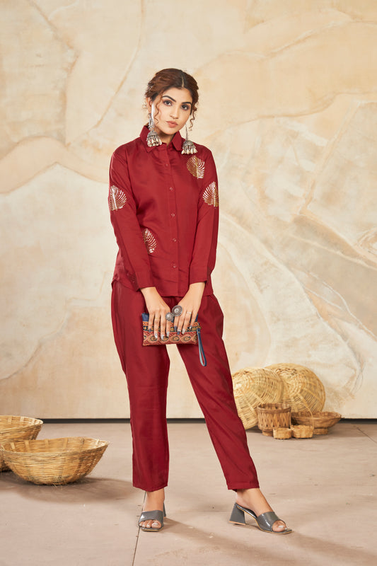 Roman Silk Sequence Embroidered collard Co-ord Set