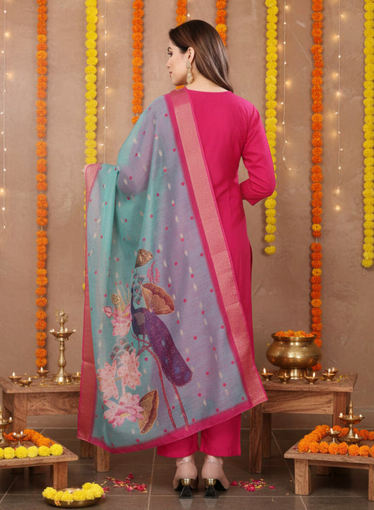 Utsav – Pure viscose Silk Kurta Pant Set with jacquard Chanderi Dupatta