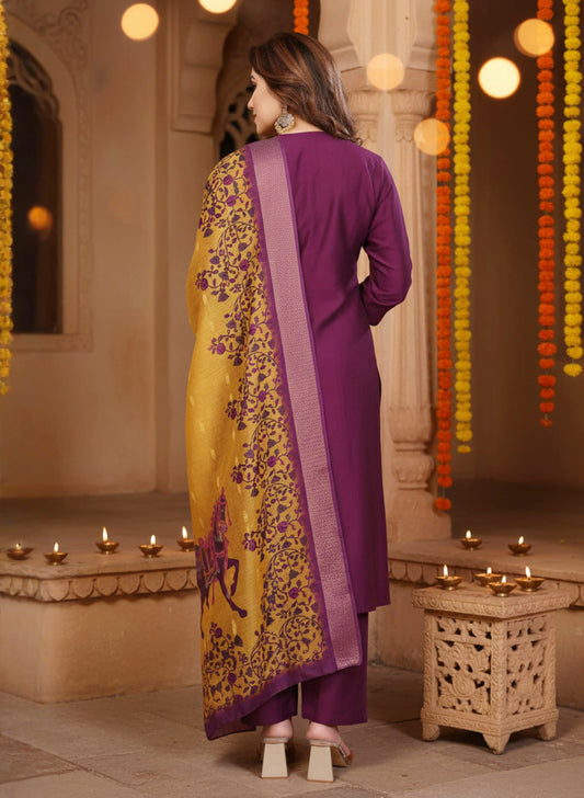 Utsav – Pure viscose Silk Kurta Pant Set with jacquard Chanderi Dupatta