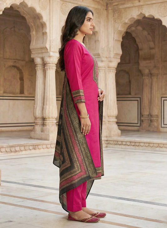 MINGORA FUSIA PINK LENIN KURTA SET WITH  DUPATTA