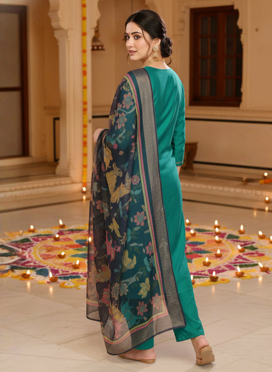 Utsav – Pure viscose Silk Kurta Pant Set with jacquard Chanderi Dupatta