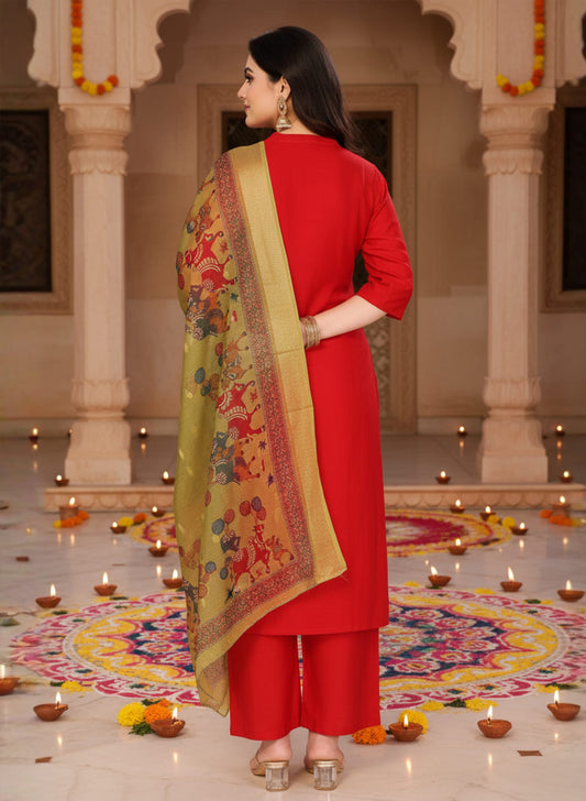 Utsav – Pure viscose Silk Kurta Pant Set with jacquard Chanderi Dupatta