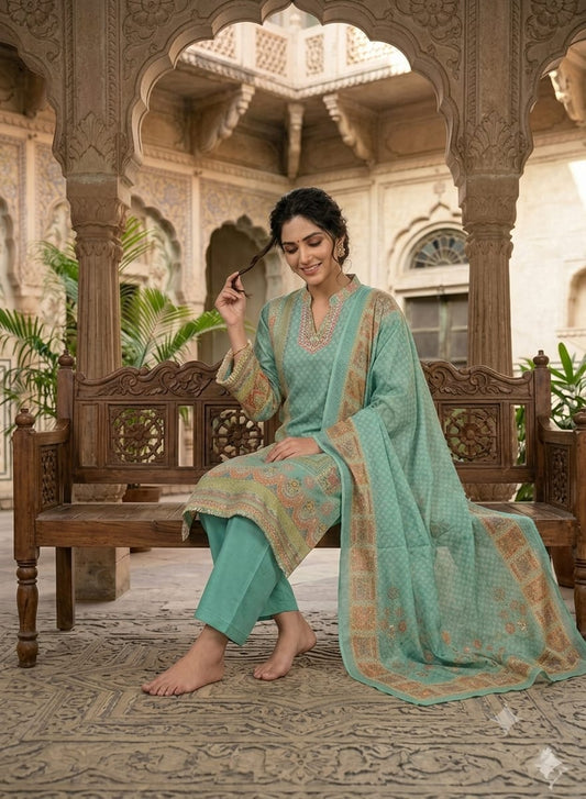 MINGORA GREEN LINEN KURTA SET WITH DUPATTA