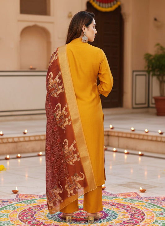 Utsav – Pure viscose Silk Kurta Pant Set with jacquard Chanderi Dupatta