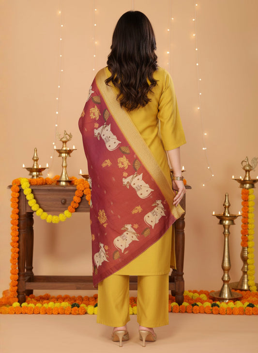 Utsav – Pure viscose Silk Kurta Pant Set with jacquard Chanderi Dupatta