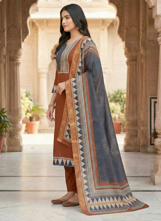 MINGORA BROWN LINEN KURTA SET WITH DUPATTA