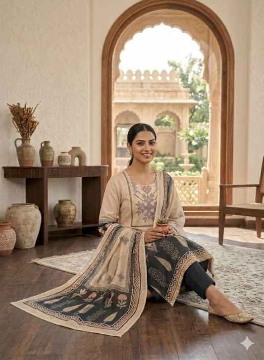 MINGORA BEIGE LINEN KURTA SET WITH DUPATTA