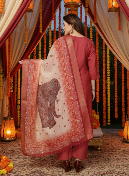 Utsav – Pure viscose Silk Kurta Pant Set with jacquard Chanderi Dupatta