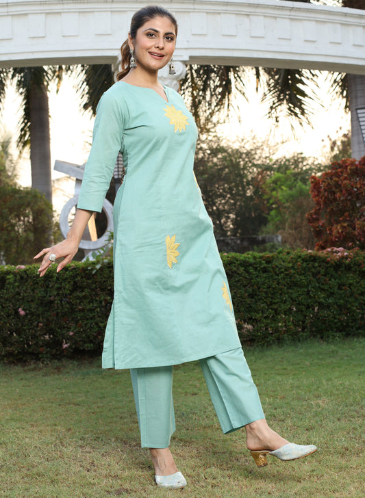 Pure Cotton Applique Work A-line Kurta Pant Set