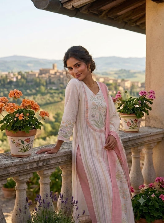 MINGORA WHITE LINEN KURTA SET WITH DUPATTA