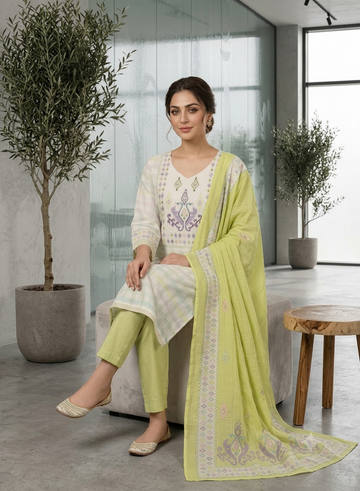 MINGORA LIGHT GREEN LINEN KURTA SET WITH DUPATTA.