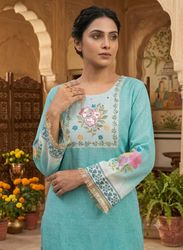 MINGORA BLUE LINEN KURTA SET WITH DUPATTA