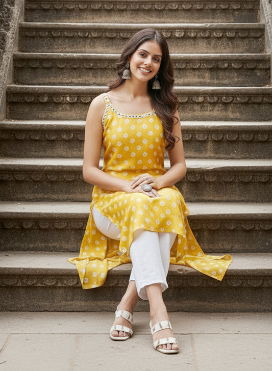 Shoulder Streps Embroidered Haldi Kurta Pant Set