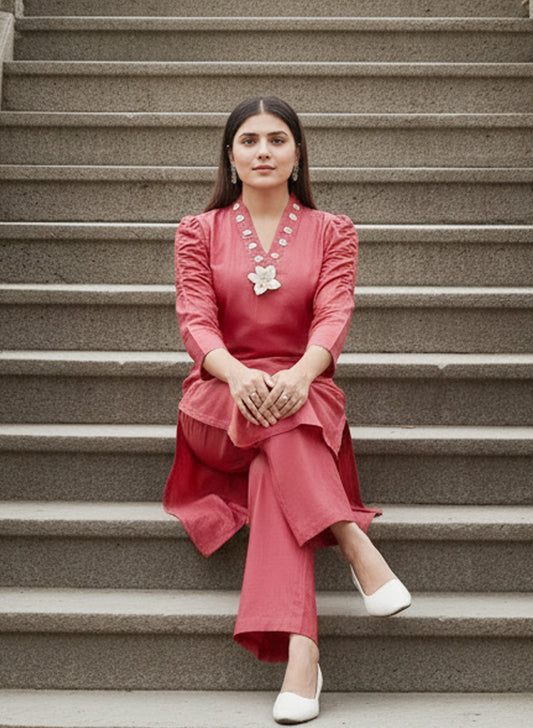 Pure Cotton Stylish Co-ord Set With Hand Crafted Jute Flower