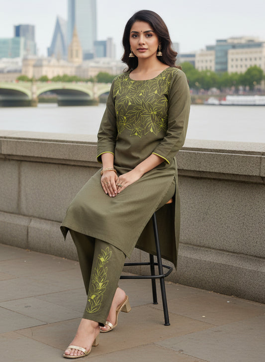 PURE COTTON  EMBROIDERED KURTA PANT SET