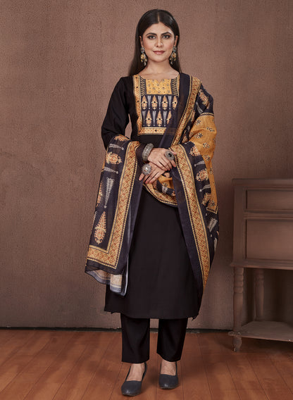 Ajrakh Yoke Black Modal Viscose Kurta Pant & Dupatta Set