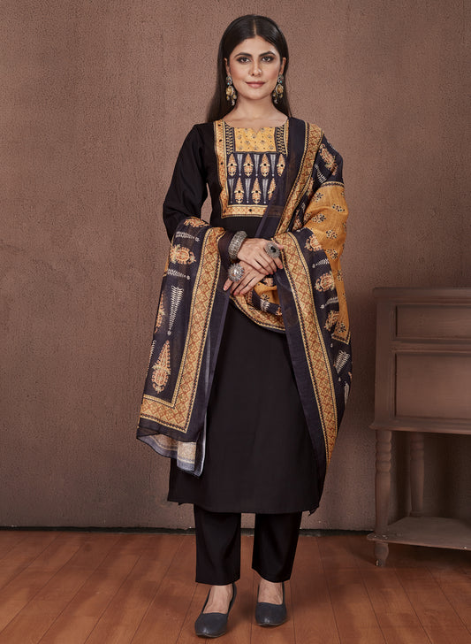 Ajrakh Yoke Black Modal Viscose Kurta Pant & Dupatta Set